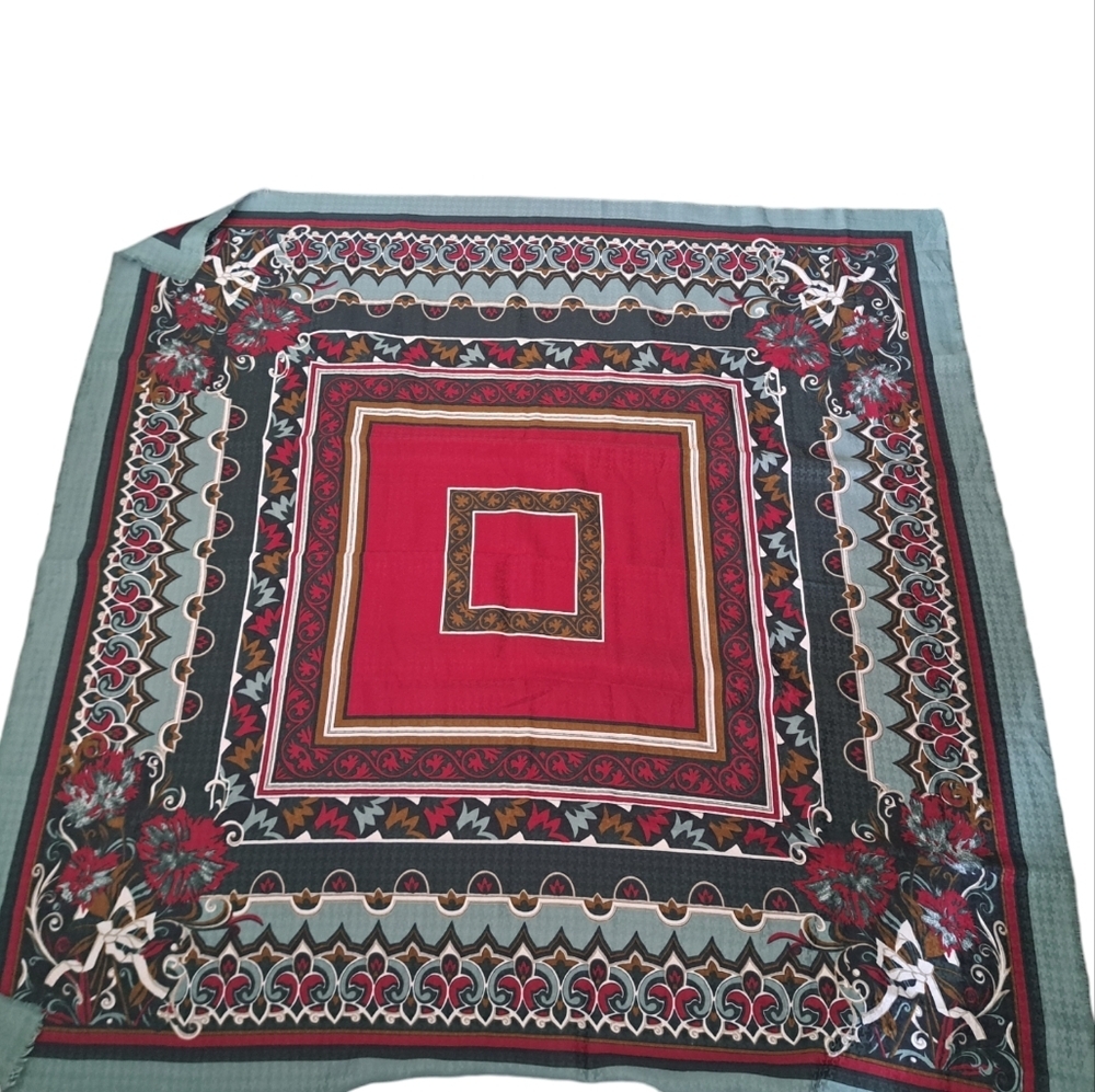 VTG LARGE square scarf reds greys raw edge coastal shabby chic lightweight ITALY